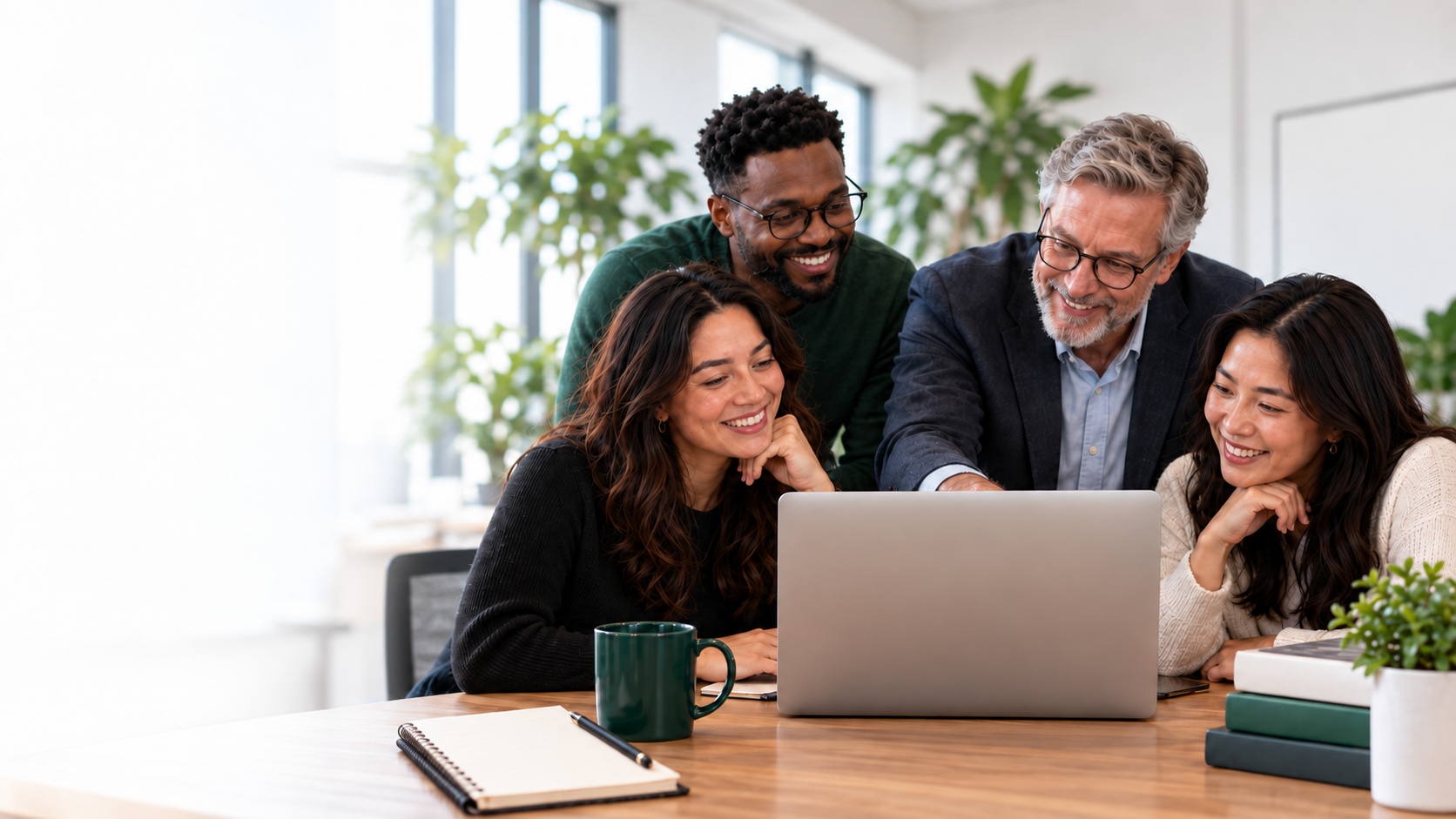 Four diverse, multigenerational colleagues work together around a laptop in a bright office.