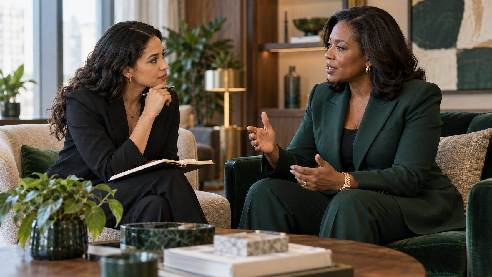 A confident mentor listens closely as an emerging leader works through a difficult professional pattern.