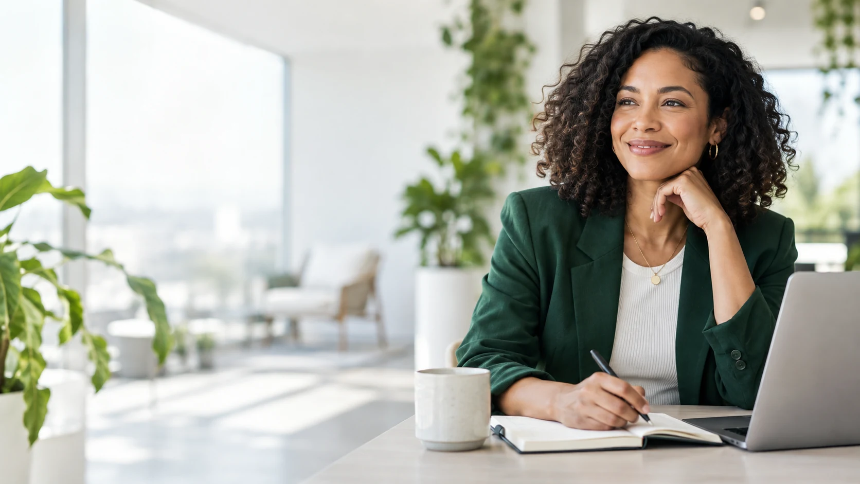 A confident professional looks ahead while planning her next step with a notebook and laptop.