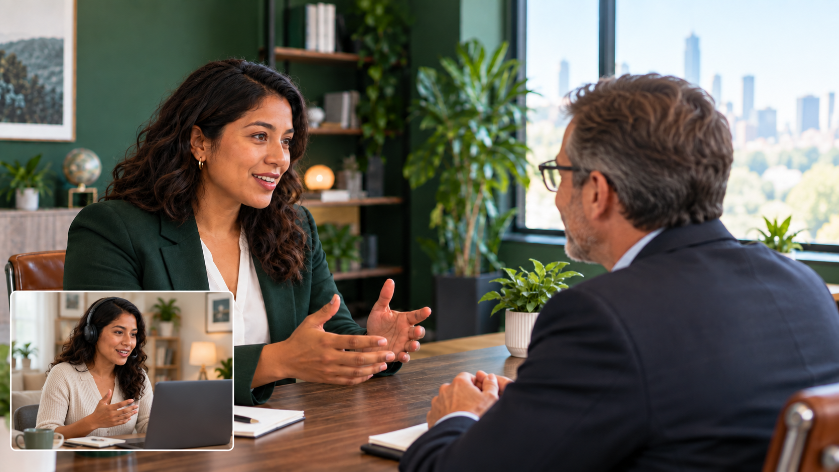 A Latina candidate interviews across a table; a lower-left inset shows her practicing at home with headphones.